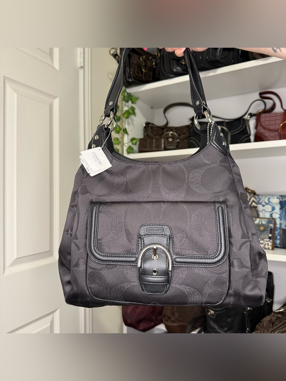 Coach Black Signature Jacquard Hobo Shoulder Bag with Front Buckle